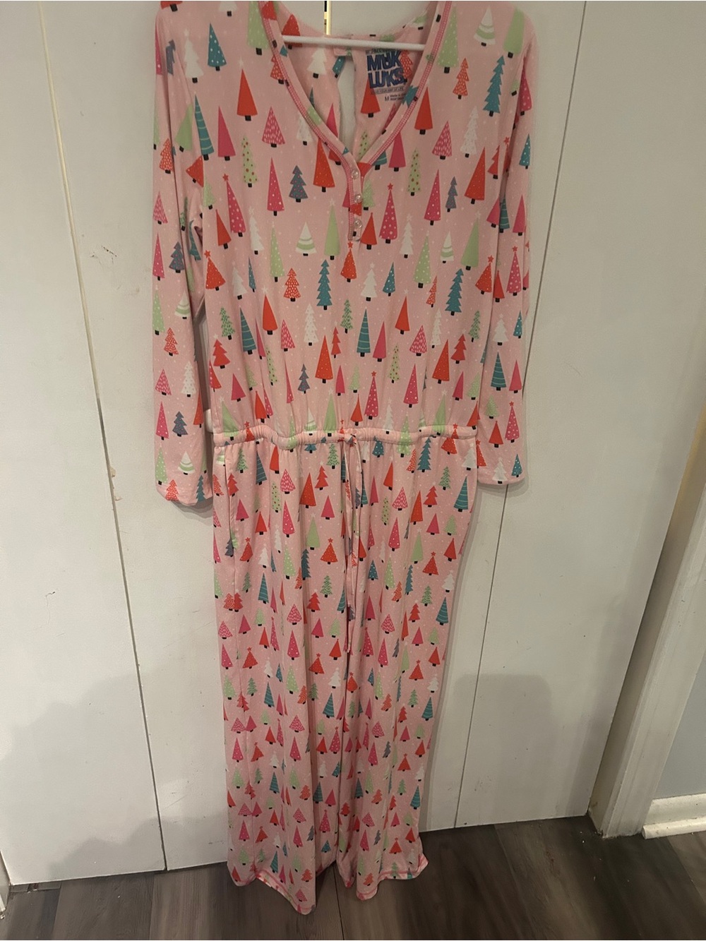 Muk Luks Pink Holiday Tree One-Piece Pajama Jumpsuit